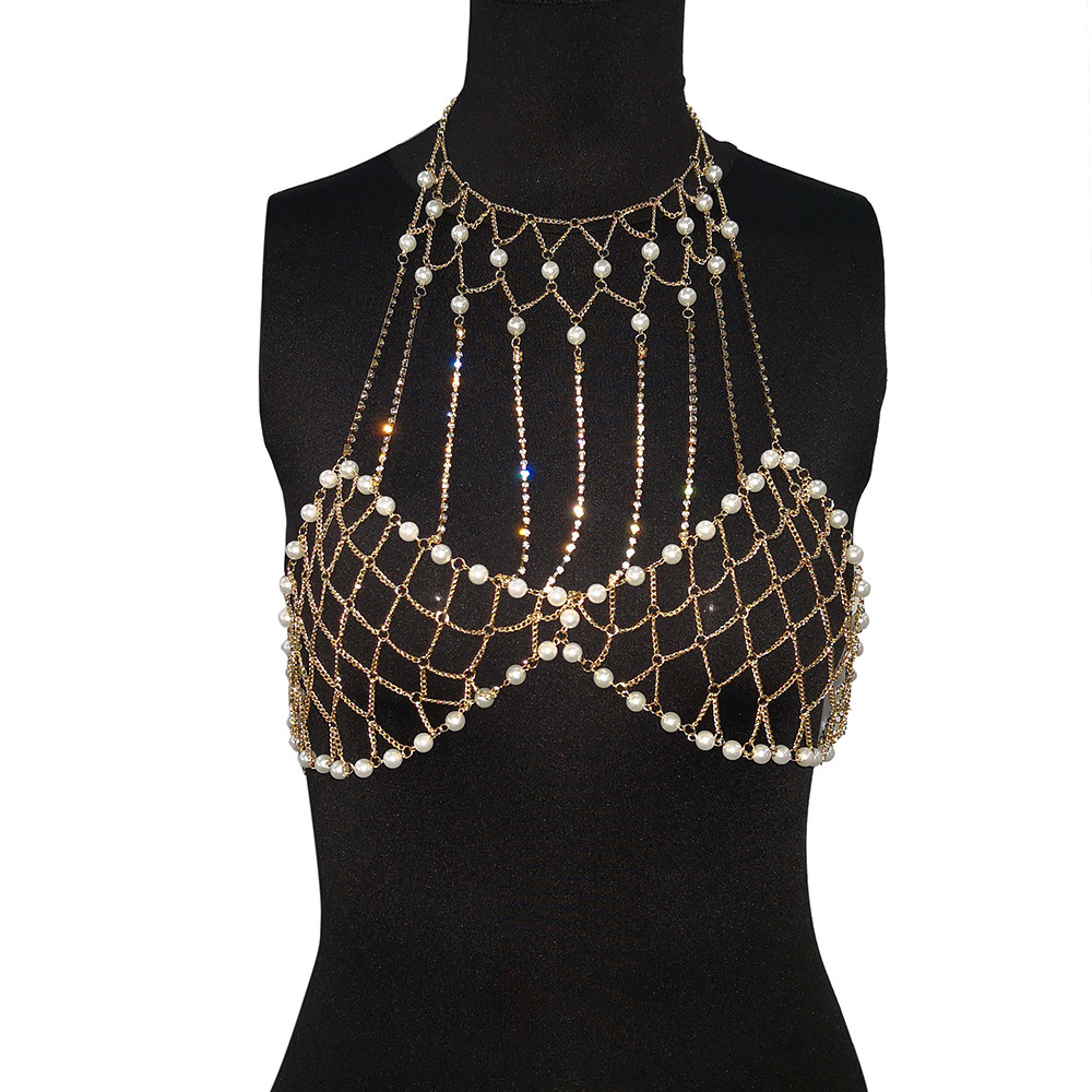 

2020 From Beach White Pearls Zircons Beading Metal Breast Chain Halter Out Night Party Camis Top Harvest Collocation U4uy, Gold