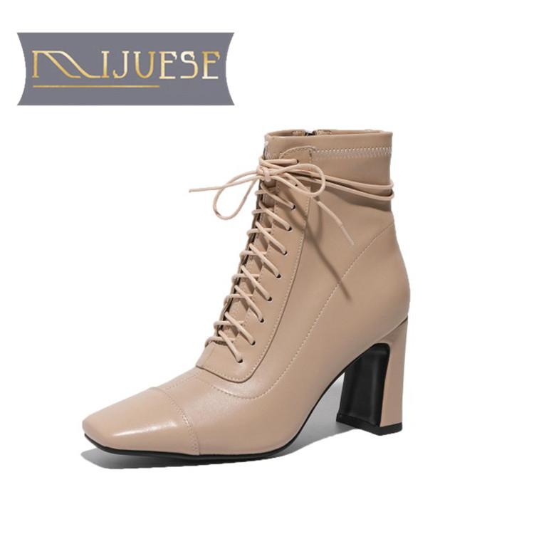 

MLJUESE 2021 women Ankle boots Cow leather Winter short plush Square Toe Zipper High heels female boots size 40, Beige