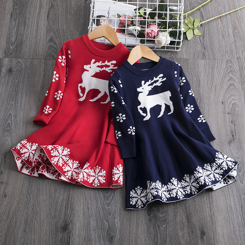 

Girls Christmas Dress Knitted Winter Long Sleeve Clothes Pattern Elk Snowflake Kid New Year Costume Xmas Girls Dresses For Girls, 4-2