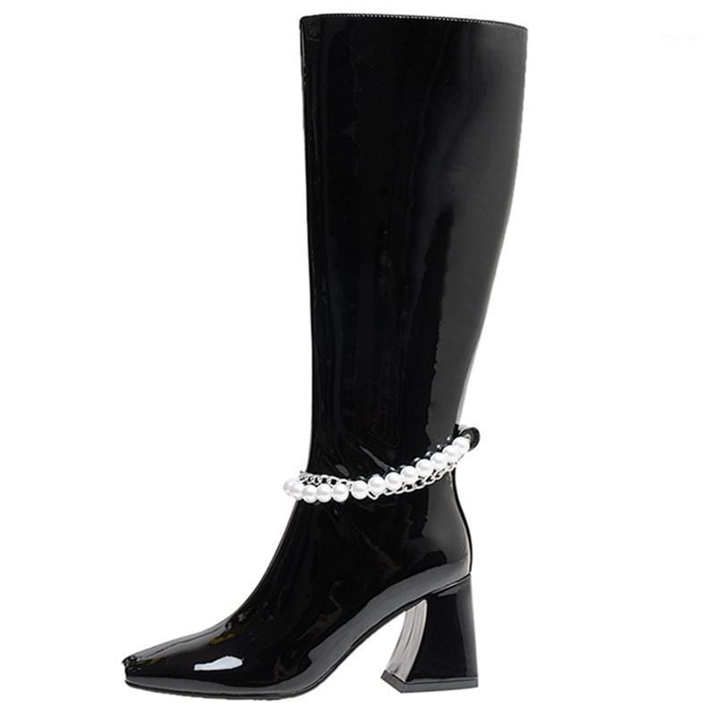 

Cow Patent Leather Pearl Chain Thick Heel Knee-High Boots Women Shoes Fall Winter Shiny Square Toe 7.5cm Back Zip Botas Feminina1, Black