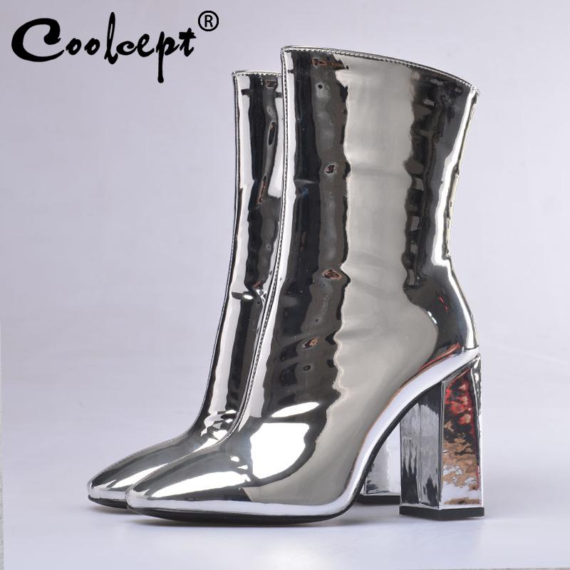 

Coolcept Women Mid Calf Patent Leather Boots Pointed Toe Square Heels Footwear Side Zipper Winter Fashion Boots Size 33-43, Silver