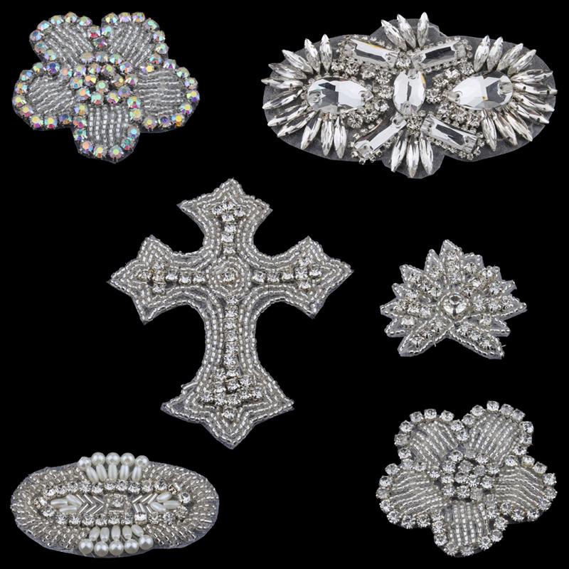 

6PC Handmade Bling Beaded AB Rhinestone Applique Sew On Manual Flatback Crystal Flower Cloth Applique for Kids Hair Accessories, E43