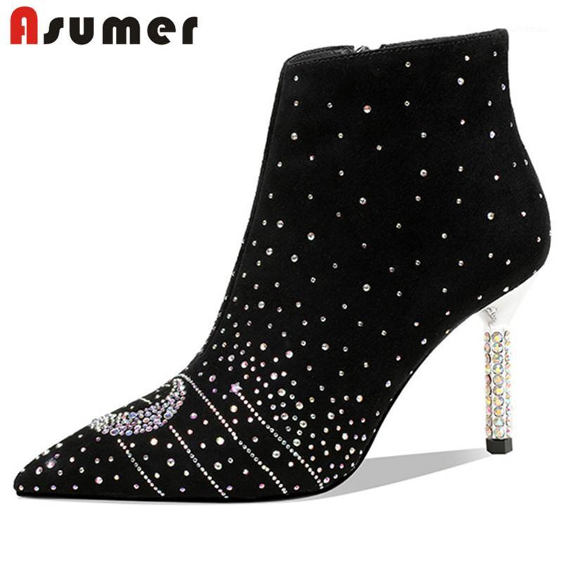 

Asumer 2020 newest party high heels boots women party wedding shoes suede leather crystal elegant ankle boots woman shoes1, Black