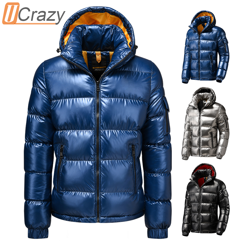 

Men Winter New Metallic Shiny Warm Thi Waterproof Parkas Jaet Men Autumn Outwear Outfits Windproof Detachable Hat Parka Coat, Blue