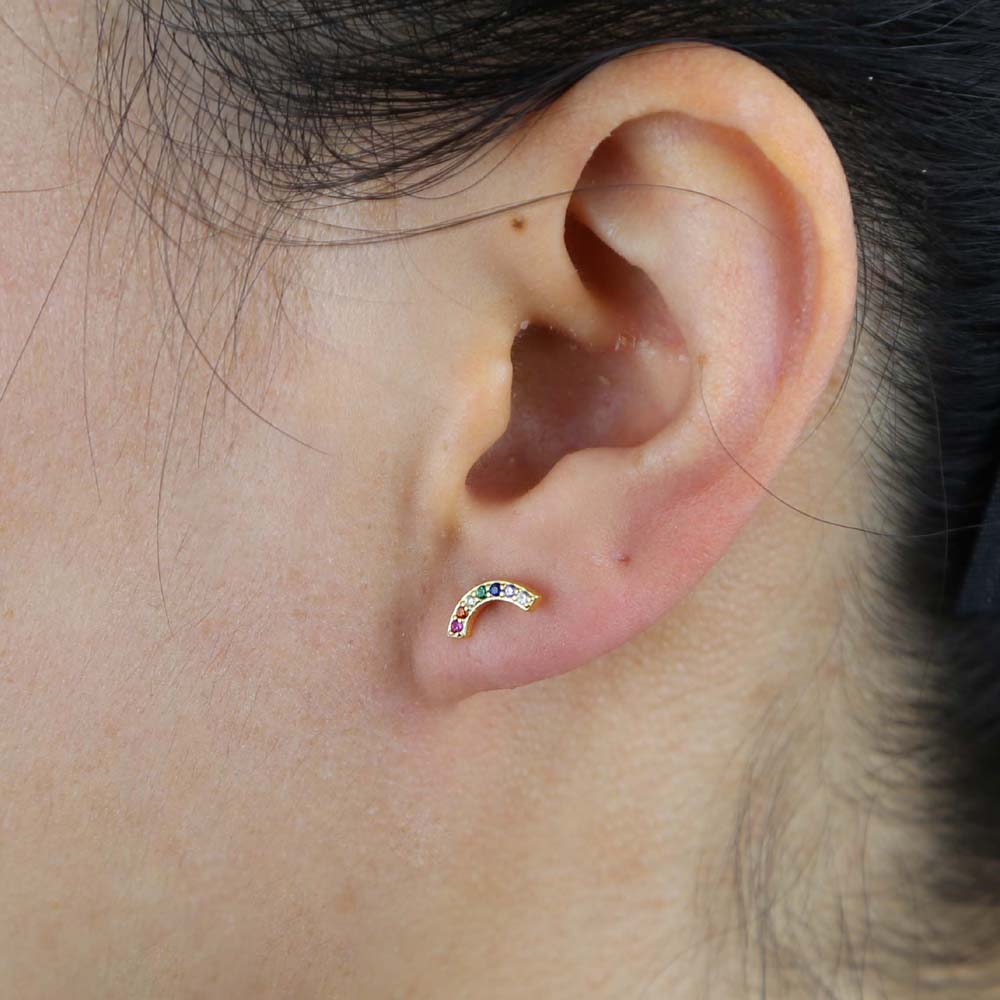 

rainbow stud earring paved colorful cubic zirconia cz Gold vermeil simple curved bar stud 925 sterling silver earring for girl