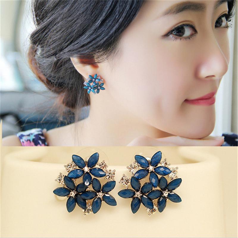 

Stud Fashion Accessories 2021 Crystal Rhinestone Earrings 3 Flower Red Blue Blackearrings For Women Jewelry Gift