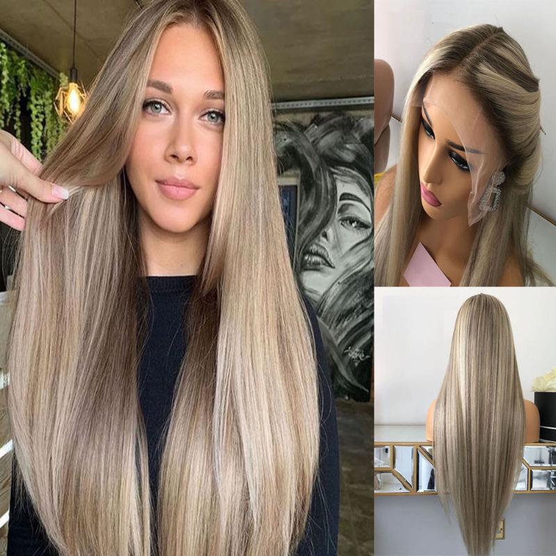 

Ombre Brown Root Blonde Highlights 13x4 Lace Front Wigs Straight Middle Parting Bleached Knots Lace Frontal Wigs, 13x4 lace front wig