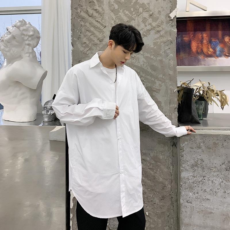 

New Men Japan Dark Black Long Style Casual Black White Shirts Streetwear Punk Hip Hop Male Long Sleeve Dress Shirts1