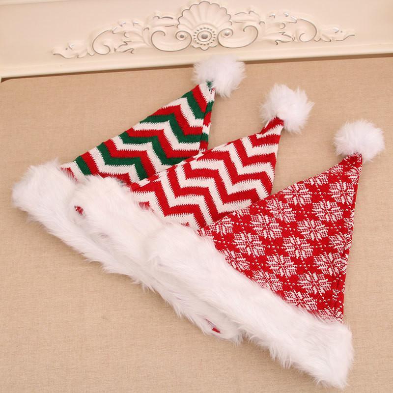 

Fashion New Knitted Woolen Yarn plush Big Ball Striped Christmas Hat Green Red Santa Claus Hats Kids Gifts