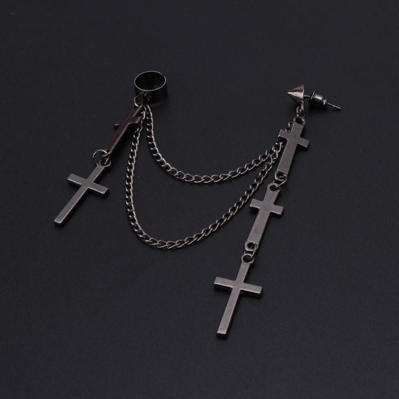 

Gothic Punk Cross Long Tassel Double Chains Ear Cuff Earrings Fashion Jewelry