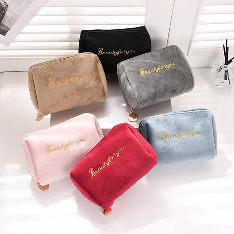 

1 Pcs Women Zipper Velvet Make Up Bag Travel Large Cosmetic Bag For Makeup Solid Color Female Make Up Pouch Necessaries1, Black