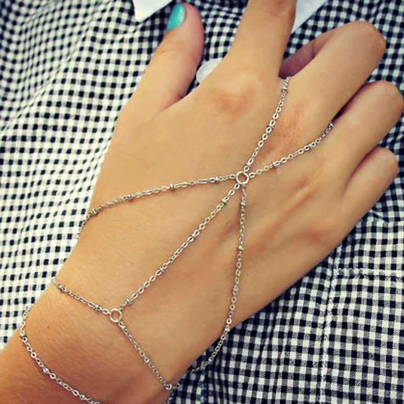 

Pulseras Mujer Moda 2021 Alloy Gold And Silvercolor Copper Beads Chain Connect Fingers Bohemian Bracelet E-girl Gift For Friends