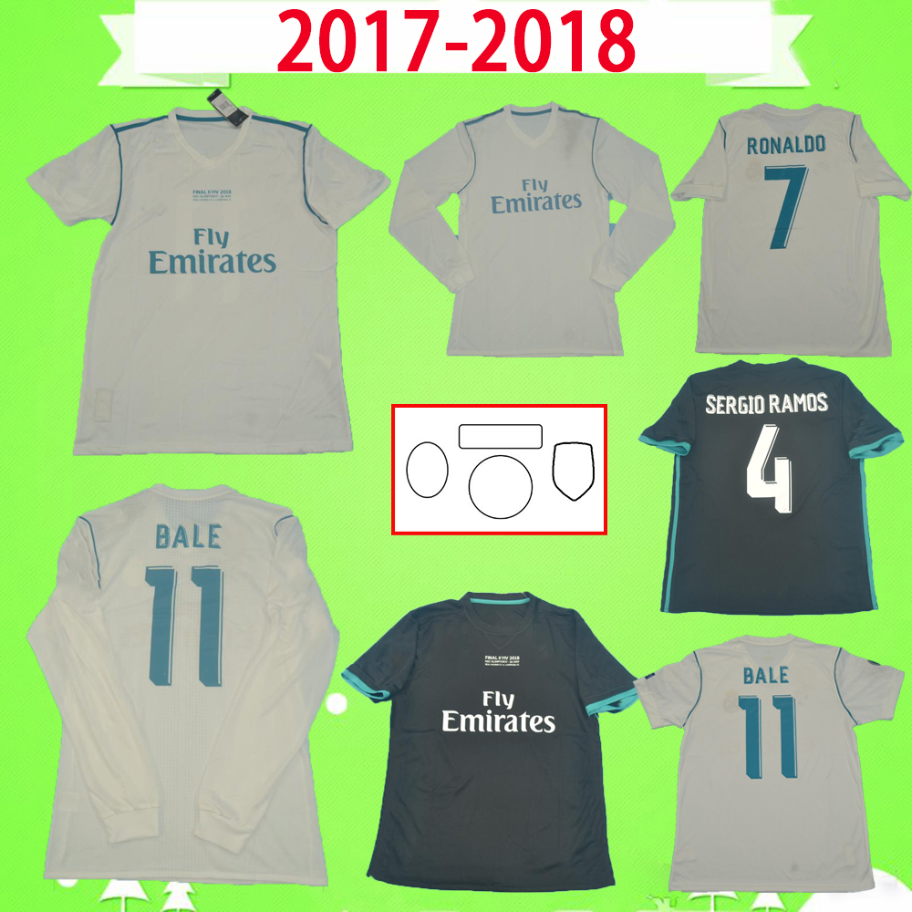 

With patches 2017 2018 Retro real madrid soccer jersey 17 18 BALE BENZEMA MODRIC KROOS football shirt Vintage ISCO SERGIO RAMOS RONALDO S-2XL long short sleeve, 17/18 with 4 patches