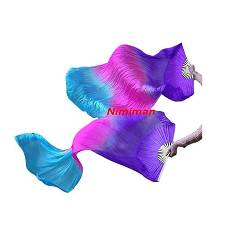 

High Quality 100% Silk Stage Performance Props 1 Pair Belly Dance Fan Veils Purple Rose Turquoise, As picture