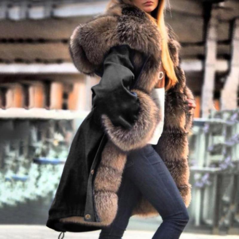 

Western Style Faux Fur Overcoat Autumn Winter Fashion Loose Thicken Keep Warm Hooded Single-breasted Solid Color Long Sleeve, Blue