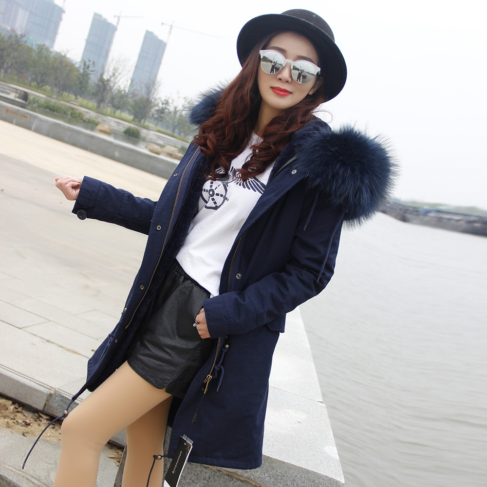 

2021 New Raccoon Skin Collar Style Keep Warm Thick-lined Velvet the Pie Winter Overcoat Jacket 39PE, Navy blue.