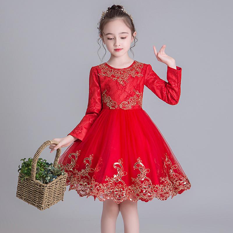 

Girl's Dresses Autumn Winter Red Long Sleeve Girls Princess Dress Mesh Formal Kids For Girl Children Clothing Prom Party Wedding, Red;yellow