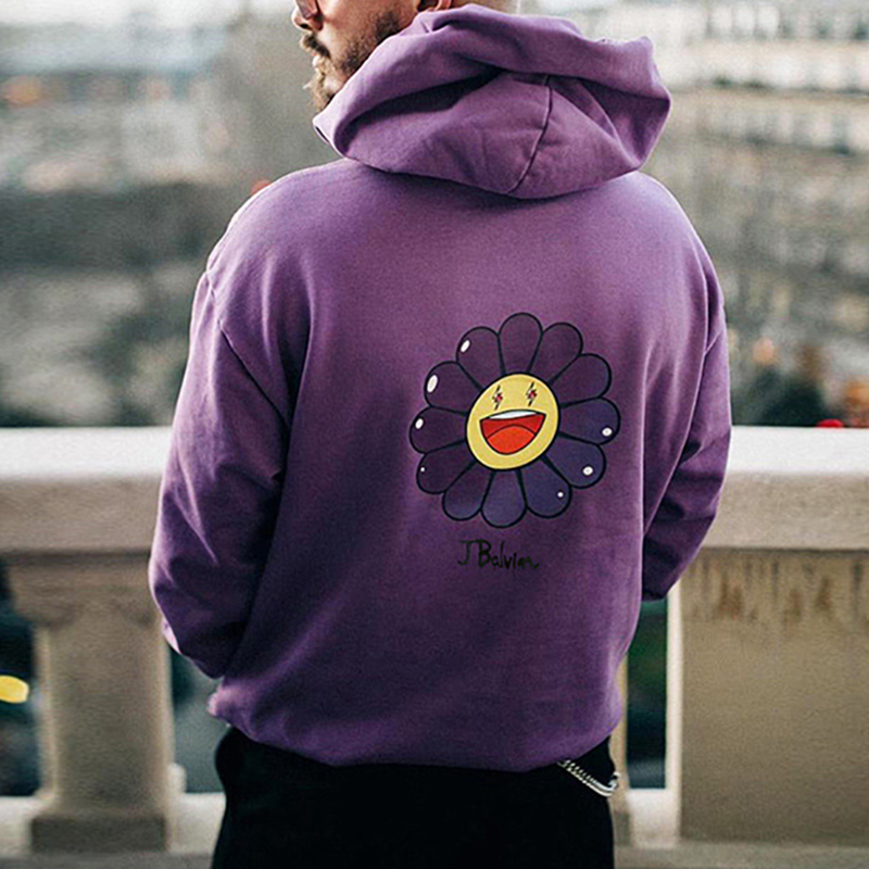 

J Balvin Takashi Murakami Hoodie Flower Print Oversize Hooded Sweatshirts Harajuku Casual Cotton Sweaters Jumpers Men Hip Hop Streetwear, Purple