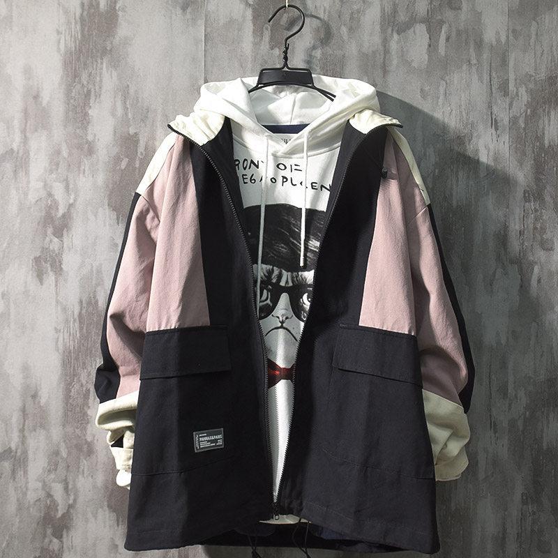 

Wholesale 2021 Fashion Casual teenagers patch Stitching jacket boys trendy wild loose Korean handsome casual contrast jacket men, Black