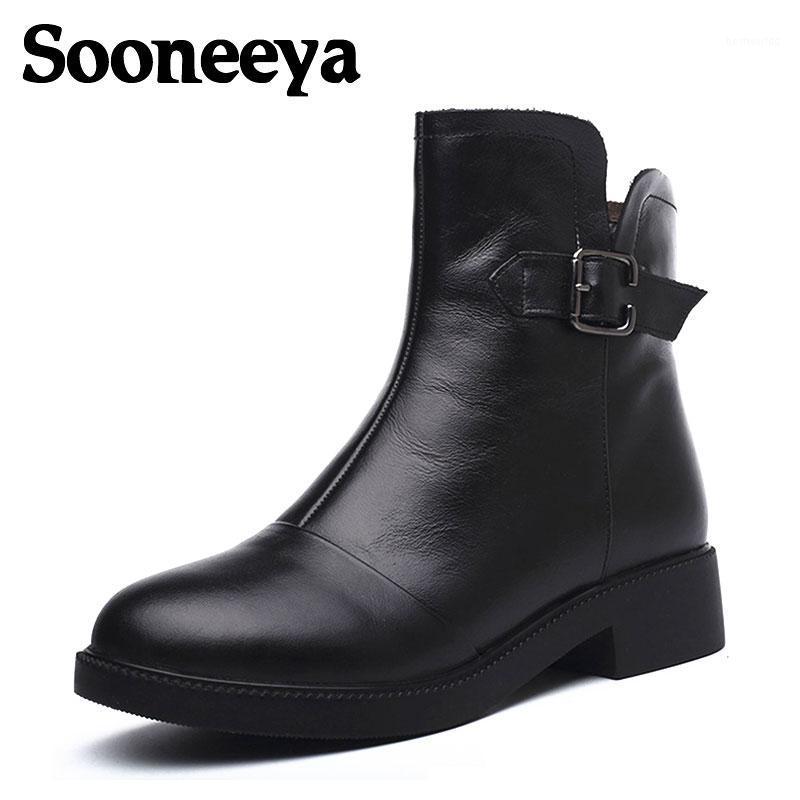 

Sooneeya High Quality Buckle Ankle Boot Soft Leather Women Boots Zipper Short Plush Spring Boots Shoes Female Flat Heel Booties1, Black