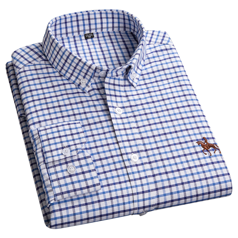 

Brand 2021 Men's Long Sleeve Oxford Shirts Plaid Summer New Collar Soft Regular Fit Breathable Social Casual Shirt Uv9x, 2gc-gn1902