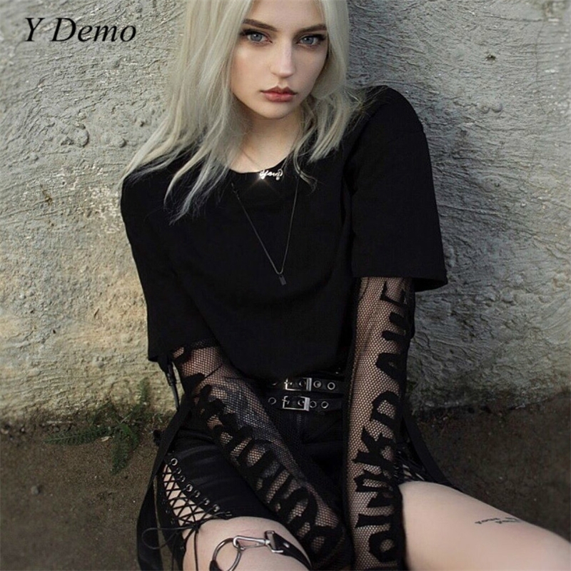 

Punk Streetwear Fashion Women Mesh Patchwork T-shirt Casual Rock Long Sleeve Tee Y200109, Black