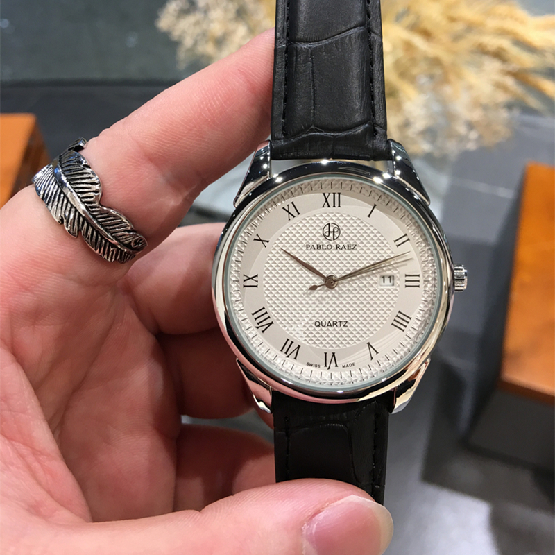 

PABLO RAEZ 2021 New Style Leather Fashion Watches Man Calendar Luxury Casual Design Quartz Date Stainless steel Business Simple Wristwatches, Leather black white dial