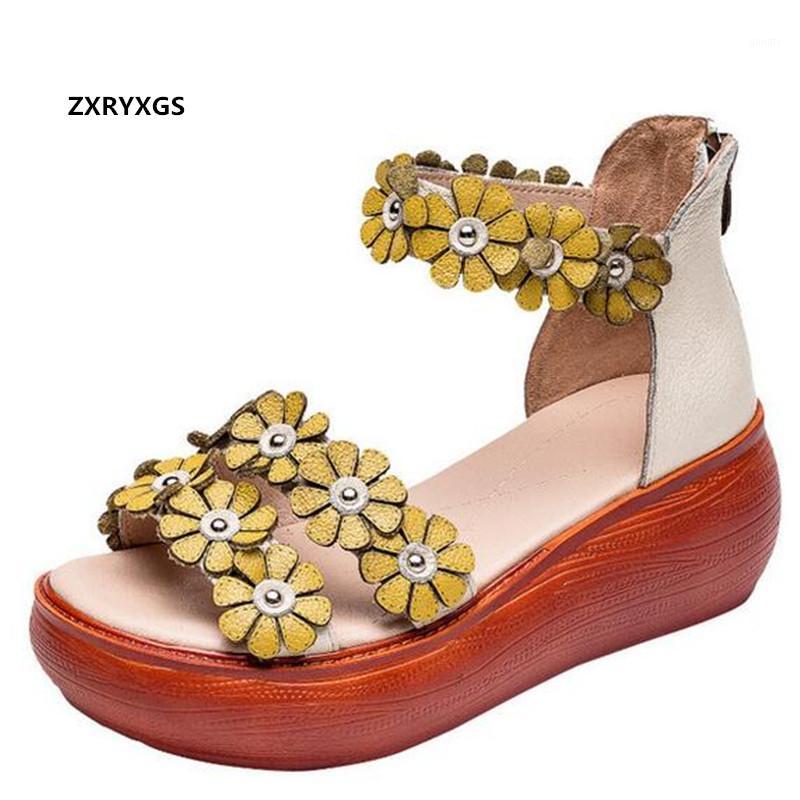 

ZXRYXGS Top Cowhide Classic Flowers Shoes Woman Fashion Sandals 2020 New Summer Sandals Platform Wedges High Heels Women1, Green