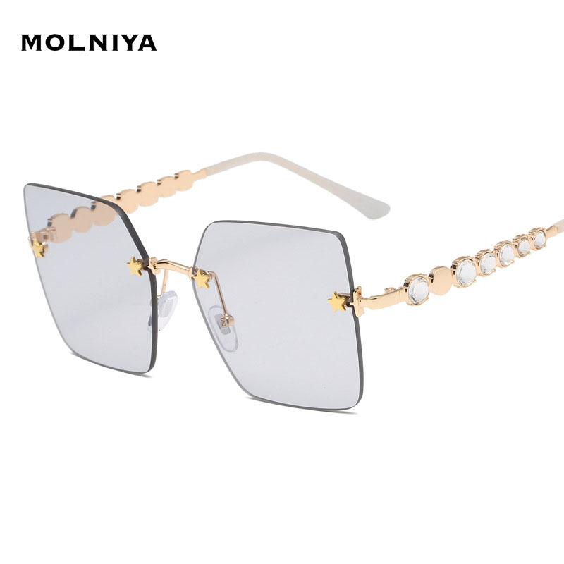 

Sunglasses Fashion Big Frame Square High Quality Trimming Frameless Rhinestone Sun Glasses Woman Metal Star UV400