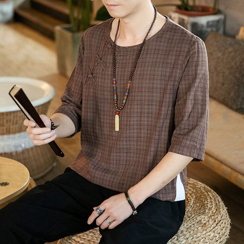 

2021 New Chinese Style Tops Men's Cotton Linen Plaid T-shirt Man Short Sleeve Vintage Streetwear Fashion Clothing J9bo, Coffeege