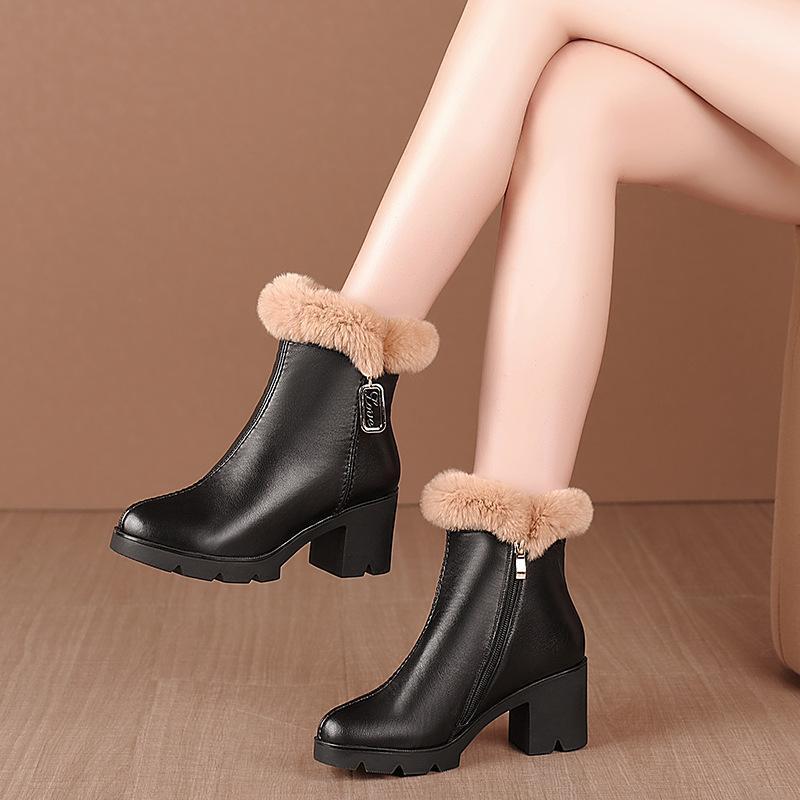 

Women Ankle Boot Warm Plush Winter Shoes For Woman High Heels Ladies Natural Leather Snow Boots Winter Shoes Booties Woman Botas1, Black