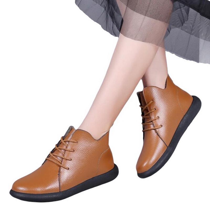 

Women Genuine Leather Booots Woman Autumn Rubber Boots Female Lace-Up Shoes Flat With Fur Warm Boots Winter Ankle, Black no fur