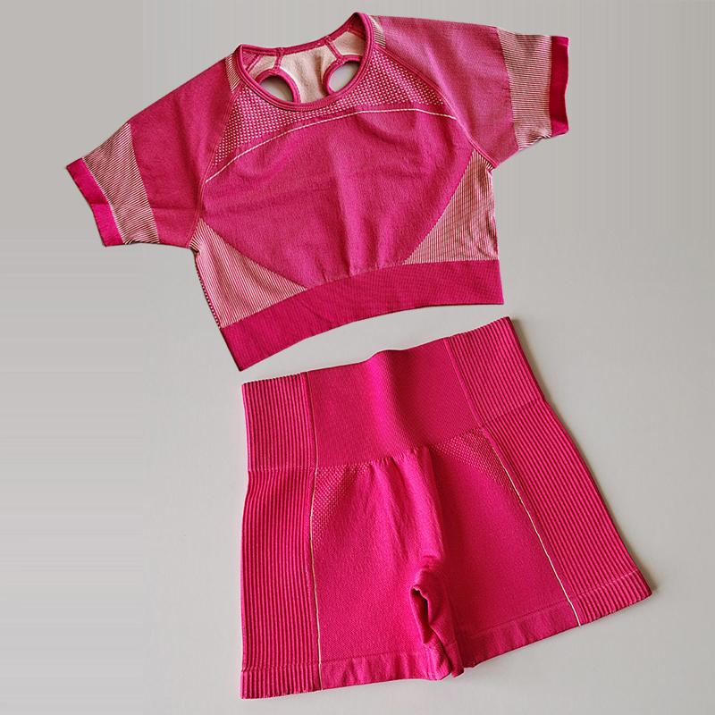 

Ultra Seamless Gym Set Women Fitness Clothing Workout Sportswear Yoga Shorts Short Sleeve Crop Top Shirts 2Pcs Sports Suits, Rose red pants