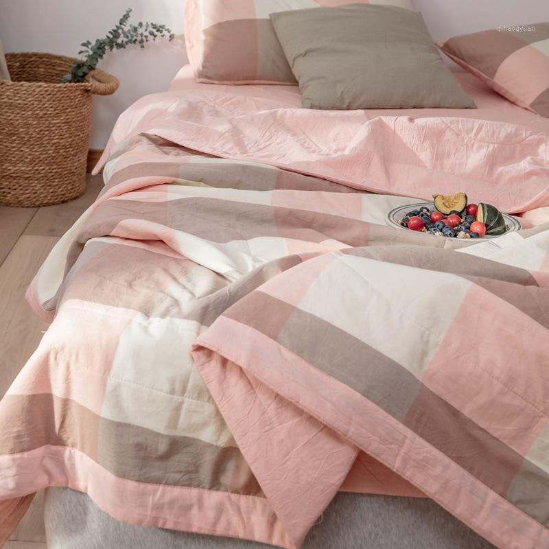 

Summer Washed Cotton Air-conditioning Quilt Soft Breathable Blanket Thin Stripe Plaid Comforter Bed Cover Twin  Queen Size1, 13