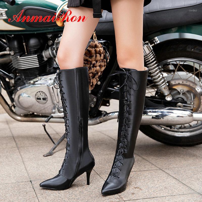 

ANMAIRON 2020 PU Lace-Up Pointed Toe Thin Heels Boots Women Knee High Boots Elegant Short Plush Winter Women Size 34-431, Beige