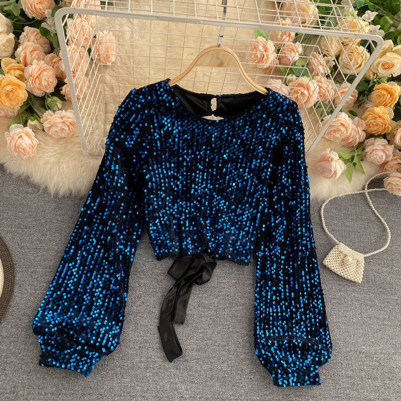 

2021 New chic design sequins women's blouse fashion neck puff tops sexy autumn no back short sweaters PPEU, Alcohol
