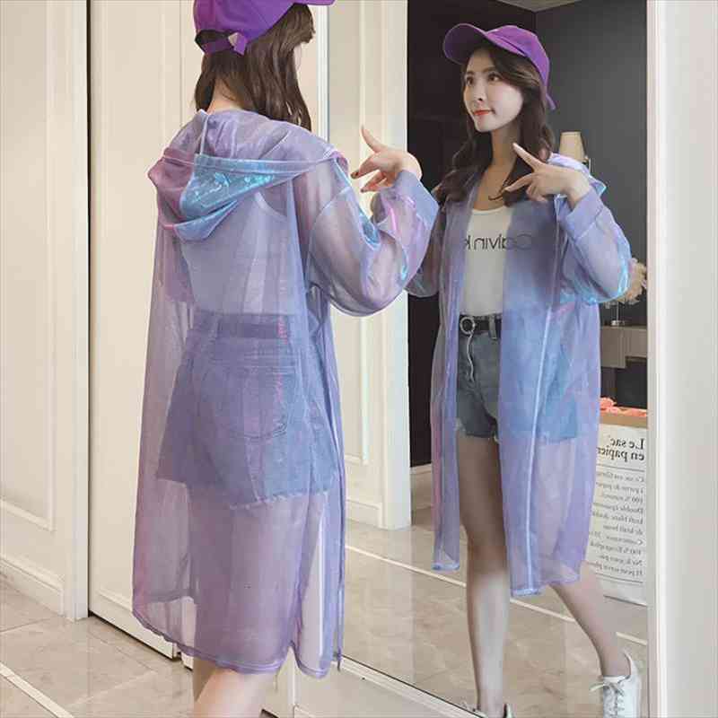 

Spring Shiny Long Women Kimonos Long Sleeve Hooded Kimonos Sleeve Hoody Cardigans Lady Transparent Sheet Tops, White