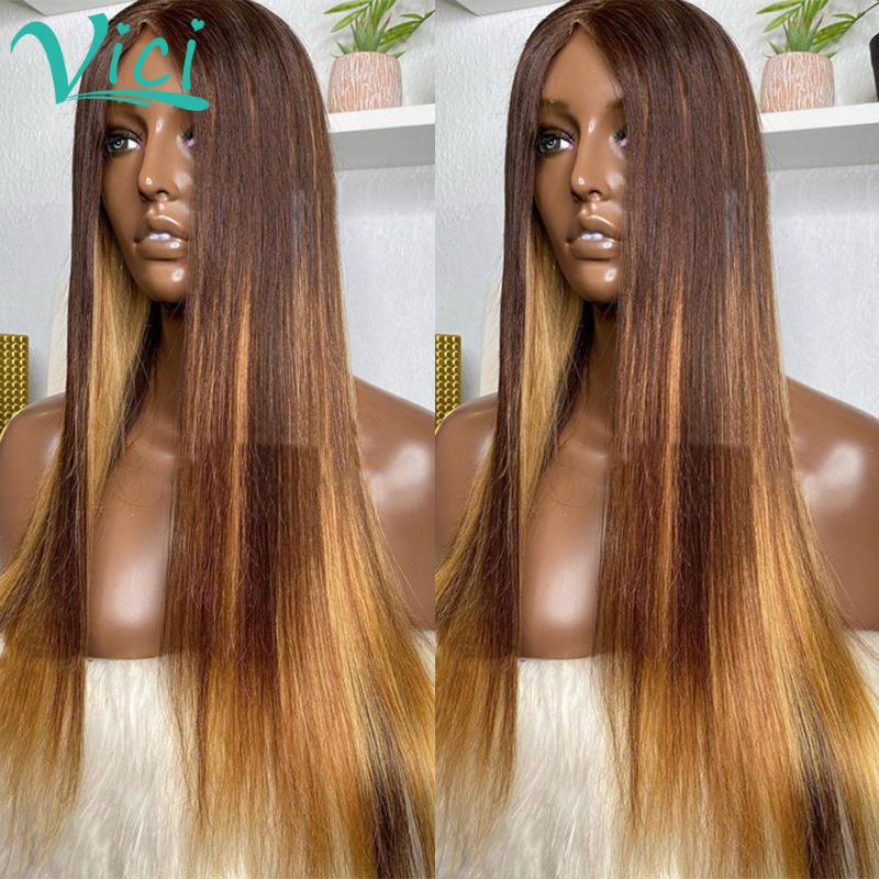 

Colored Human Hair Wigs For Black Women Honey Blonde Straight Human Hair Wigs Pre Plucked 4/27 Lace Frontal Wig Pre Plucked, As pic
