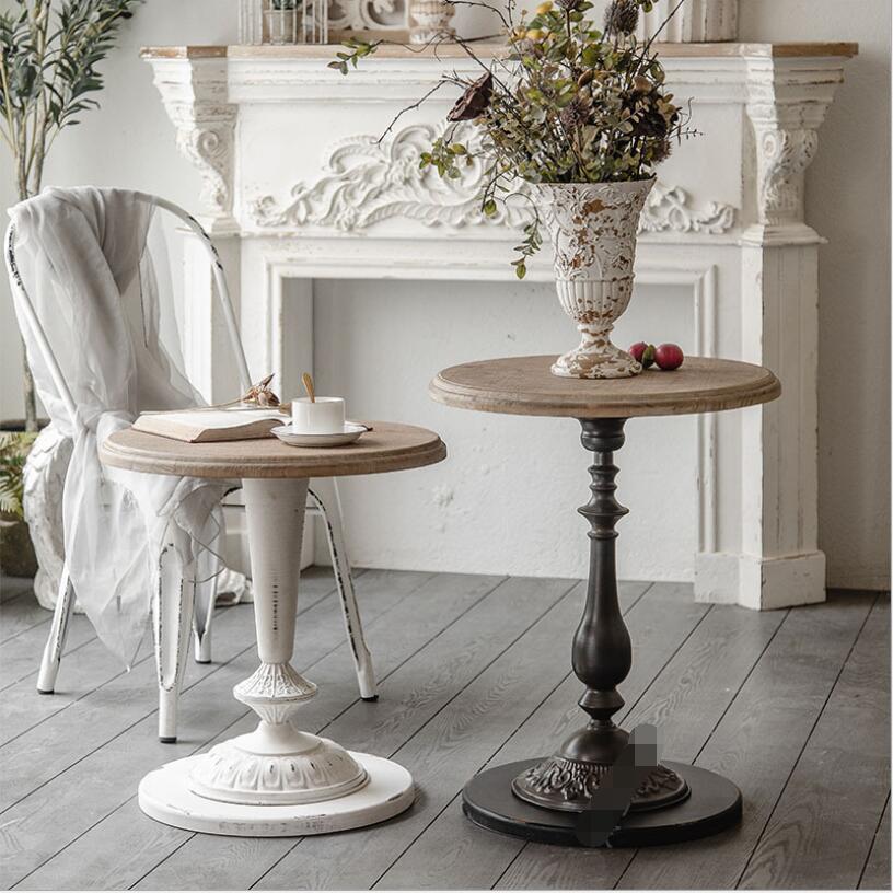 Solid wood iron table Dining Room Furniture retro old American loft industrial Style bedroom small round tables-image-633086793