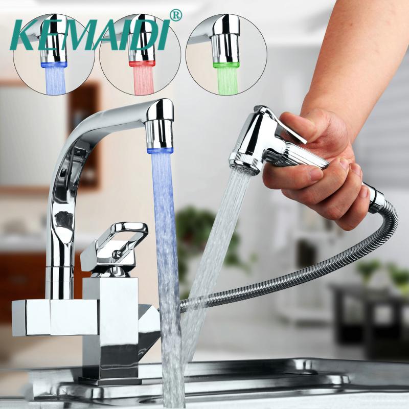 

KEMAIDI LED Kitchen Sink Faucets Single Hole Polished Chromed Pull Out Mixer Tap Cold And Hot Water Tap Faucet