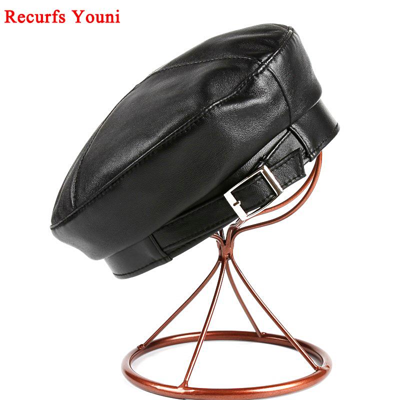 

TOP Autumn/Winter Japanese Harajuku Genuine Leather Berets Hat Women Ladies Flat Top British Art painter Caps Chic White Beanie