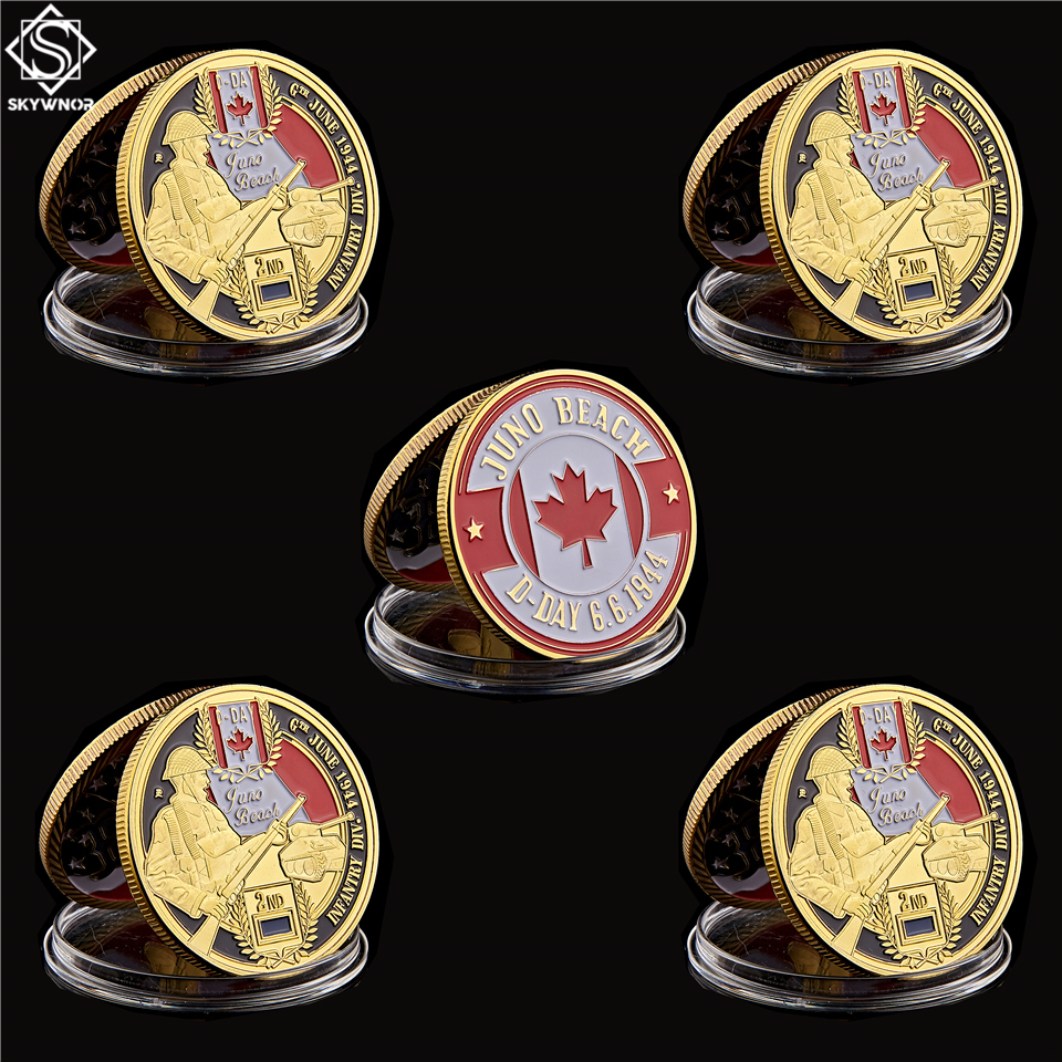 5pcs D-Day Normandy Juno Beach Military Craft Canadian 2rd Infantry Division Gold Plated Memorial Challenge Coin Collectibles-image-601887848