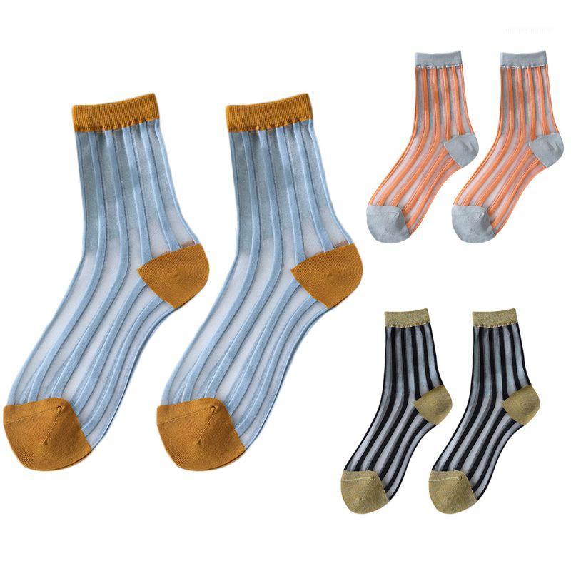 

Women Ultra-Thin Breathable Glass Fiber Long Ankle Socks Contrast Color Vertical Stripes Transparent Mid Tube Hosiery1, Black