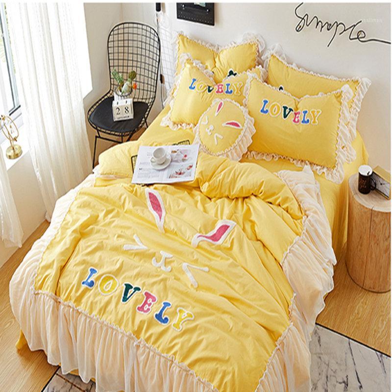 

3/4pcs  full queen king size princess chiffon lace style towel embroidery pure cotton bedding set free shipping MR1