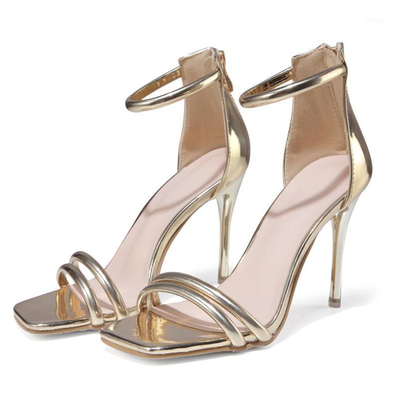 

Sexy 10cm High Heels Ladies Sandals Summer 2021 Gold Silver Wedding Shoes Female Ankle Strap Square Head Open Toe Stiletto Pumps1