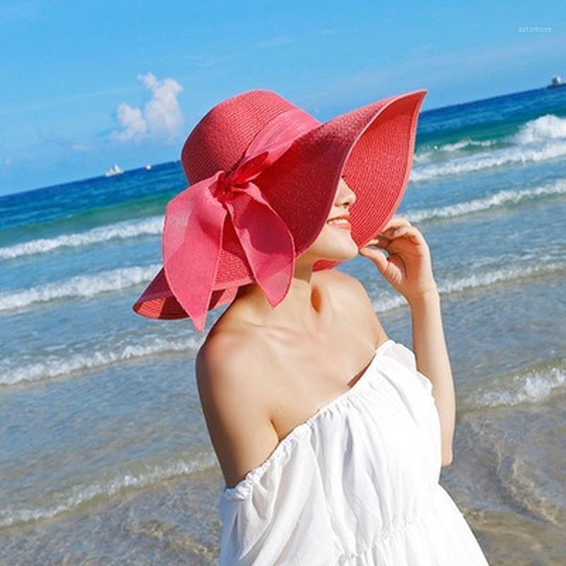 

Womens Summer Sunscreen UV Bow Ribbon Large Brim Sun Beach Hat Outdoor Straw Hat1