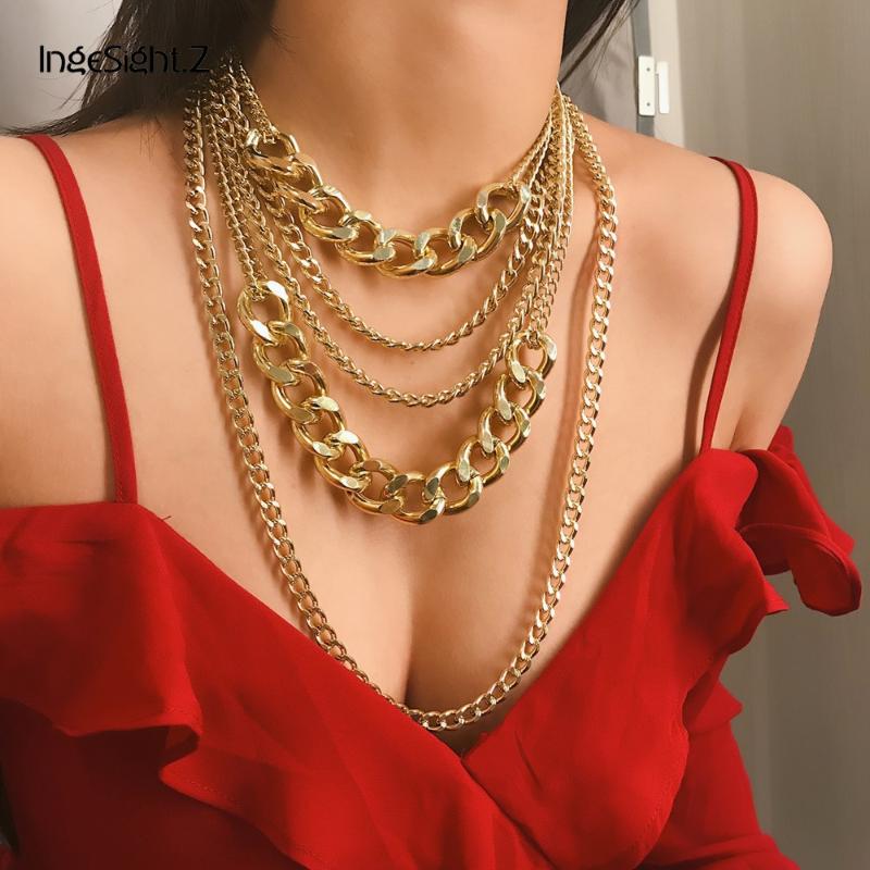 

IngeSight.Z Vintage Multi Layered Choker Necklace Collar Statement Curb Cuba Chunky Thick Clavicle Necklace for Women Jewelry