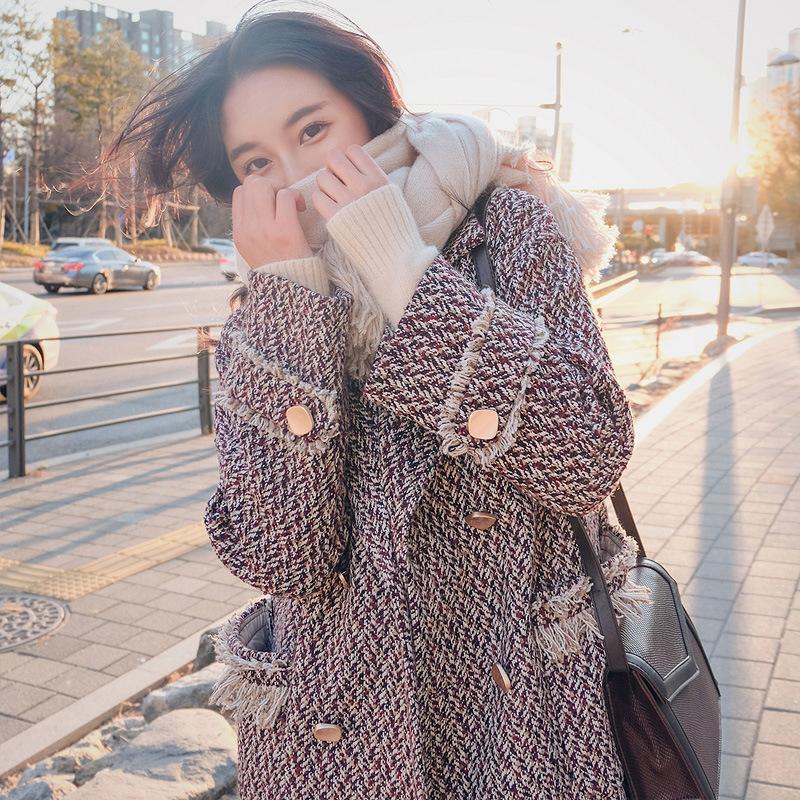 

thousand bird checked woolen coat women' middle and long style over the knee Korean thickened tassel woolen overcoat, See chart