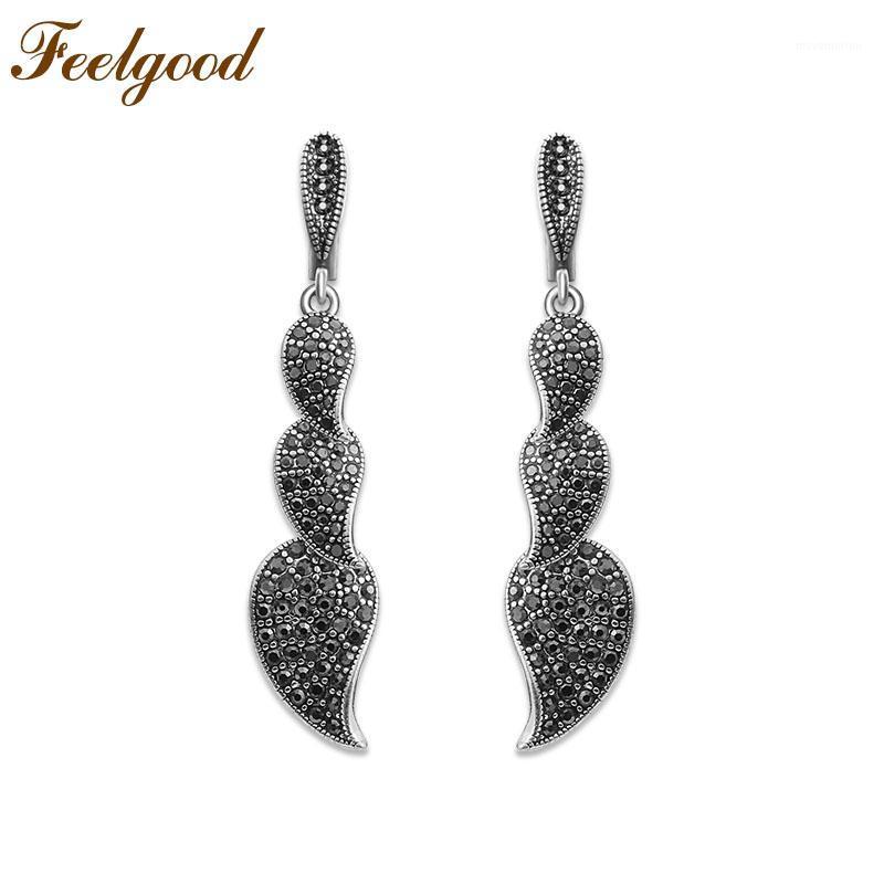 

Feelgood 2020 New Fashion Vintage Earrings Silver Color Leaf Earring With Full Black Cz Rhinestone For Women Party Birthday Gift1