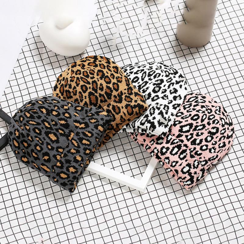 

Beanies Women Winter Hat Men Knitted Hats Winter Leopard Printed Knitting Hat 2021 New Crochet Warm Skullies Unisex Caps, White